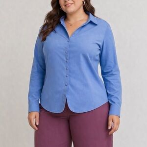 Talbots Petites W14 Woman Wrinkle Resistant Cotton Stretch Blue Shirt NEW Plus